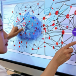 A Vietnamese researcher, mid-focus, looking at a luminous digital concept map on a screen. The map, vibrant with interconnected nodes and clear labels, emanates clarity, symbolizing the transformation of chaotic thoughts into organized insights. Surrounding the researcher, a subtle visual transition from scattered papers to a clean, focused workspace represents the concept map as a "second brain" guiding deep analysis and creative problem-solving within a modern Vietnamese research environment.