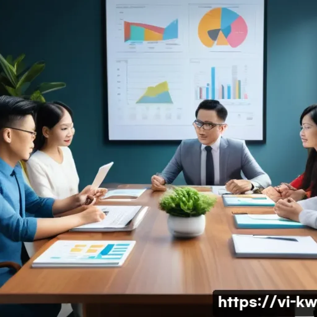 개념 맵을 통한 효과적인 의사결정 과정 - A modern Vietnamese office meeting scene with diverse professionals collaborating around a large tab...