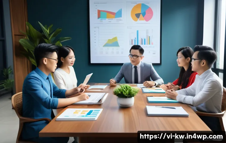 개념 맵을 통한 효과적인 의사결정 과정 - A modern Vietnamese office meeting scene with diverse professionals collaborating around a large tab...