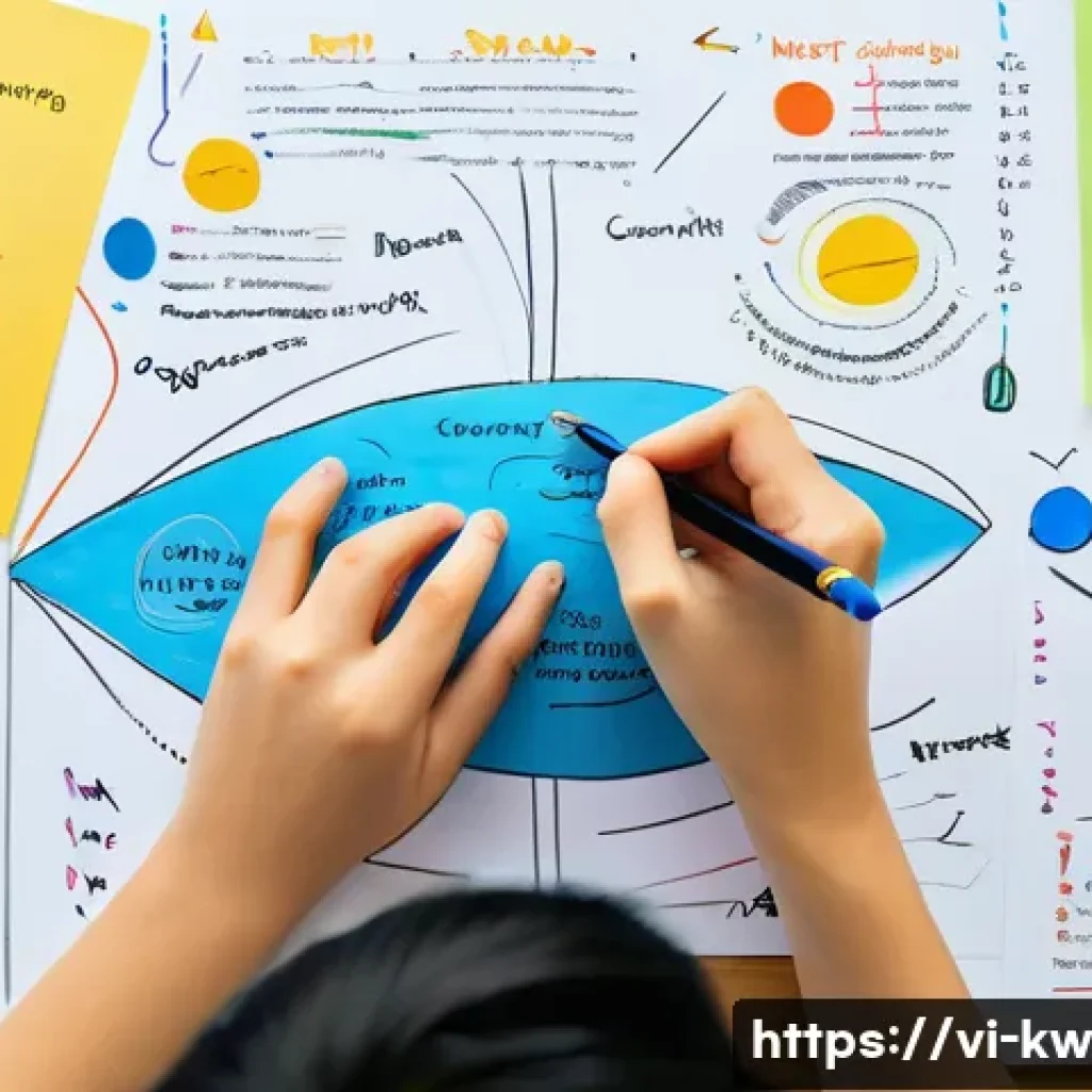 개념 맵을 활용한 독서 요약 기법 - A detailed study scene of a Vietnamese student creating a colorful concept map on a large sheet of p...
