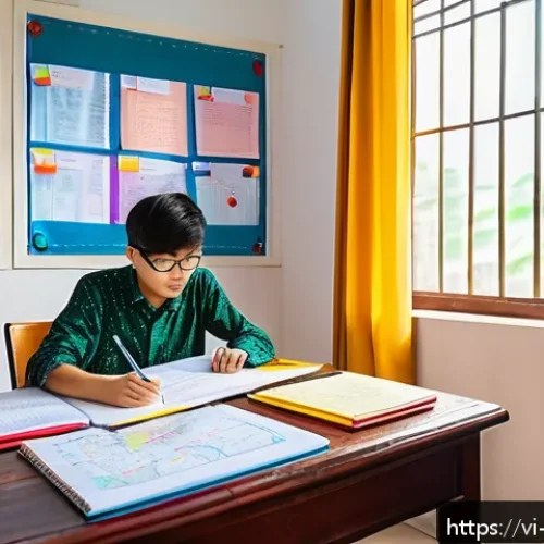 Home 32 개념 맵을 통한 복잡한 개념 정리하기 - A vibrant study room scene in a Vietnamese student’s home, featuring a young student attentively cre...